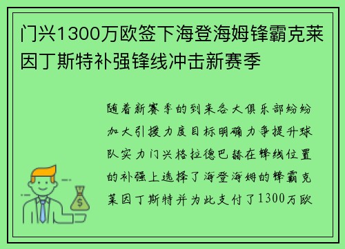 门兴1300万欧签下海登海姆锋霸克莱因丁斯特补强锋线冲击新赛季 门兴1300万欧签下海登海姆锋霸克莱因丁斯特补强锋线冲击新赛季