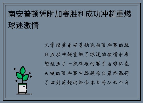 南安普顿凭附加赛胜利成功冲超重燃球迷激情